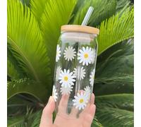 Tasse Esthétique Daisy 17 oz - Café Glacé en Verre avec Couvercle en Bambou et Paille - Forme de Canette de Bière - Bouteille d'Eau pour Femme - Joli Gobelet