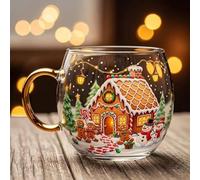 Tasse festive de Noël en verre peint - Tasse à café et à thé transparente amusante de 283,5 g | Motif maison en pain d'épices | Tasses de voyage pour café, fête, anniversaire, mariage, cuisine, table