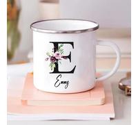 Tasse Florale Personnalisée Avec Prénom Et Initiale, Acier Émaillé 360mL Tasses À Thé, Café, Chocolat Chaud, Anniversaire, Noel, Cadeau Maitresse, Fête Des Mères, Départ Retraite