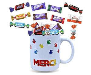 Tasse garnie d'un assortiment de 20 bonbons au chocolat MILKA, KINDER, CELEBRATIONS | Cadeau de fin d'année pour les maîtresses, maîtres, ATSEM, nounous