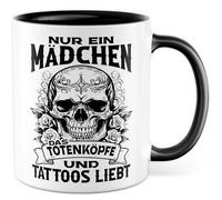 Tasse gothique avec inscription en allemand - Cadeau seulement une fille qui aime les têtes de mort et les tatouages - Tasse à café 330 ml en céramique - Tête de mort Punk Femme Fille Petite amie