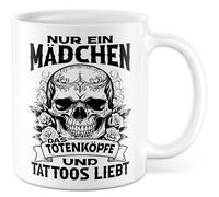 Tasse gothique avec inscription en allemand - Cadeau seulement une fille qui aime les têtes de mort et les tatouages - Tasse à café 330 ml en céramique - Tête de mort Punk Femme Fille Petite amie