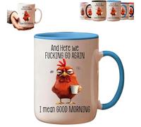 Tasse humoristique avec motif poulet - On y va encore une fois, je veux dire bonjour, tasse à café coq pour femme, tasses café sarcastique et amusante de 425 ml, tasses à thé en céramique (Blue)