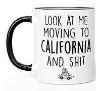 Tasse humoristique « Look at Me Moving to California », « Adieu au revoir au revoir pour un ami déménagant hors de l'État d'étudiant » (325 ml, poignée blanc/noir)