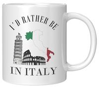 Tasse « I'd Rather Be in Italy » - Tasse à café en céramique blanche de 325 ml avec monuments italiens, tour penchée de Pise et Colisée - Cadeau de voyage pour les amateurs d'Italie et les voyageurs