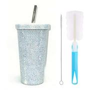 Tasse isotherme avec strass, en acier inoxydable, à double paroi, 500 ml, tasse scintillante, cadeau élégant avec paille (blanc)