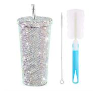 Tasse isotherme avec strass, tasse en acier inoxydable avec paille à double paroi, 500 ml, cadeau élégant avec paille (argenté)