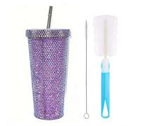 Tasse isotherme avec strass, tasse en acier inoxydable avec paille à double paroi, 500 ml, cadeau élégant avec paille (violet)