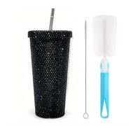Tasse isotherme avec strass, tasse en acier inoxydable avec paille à double paroi, 500 ml, tasse étincelante pour cadeau élégant (noir)