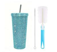Tasse isotherme avec strass, tasse en acier inoxydable avec paille, à double paroi, 500 ml, tasse scintillante élégante pour cadeau (bleu)
