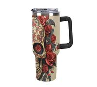 Tasse isotherme en acier inoxydable de 1,2 l avec poignée, motif tête de mort, rose rouge, bouteille d'eau en acier inoxydable, résistante à la chaleur, anti-fuite, convient pour les porte-gobelets de