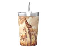 Tasse isotherme en paille conique avec imprimé girafe mère et enfant, parfaite pour une utilisation en salle de sport ou à emporter avec vous