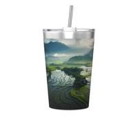 Tasse isotherme en paille conique avec imprimé « Wide Rice Fields » - Parfait pour une utilisation en salle de sport ou à emporter avec vous