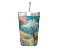 Tasse isotherme en paille conique avec motif cerf de dessin animé, parfait pour une utilisation en salle de sport ou à emporter avec vous