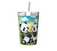 Tasse isotherme en paille conique imprimée « Two Happy Pandas », parfaite pour une utilisation en salle de sport ou à emporter avec vous