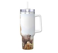 Tasse isotherme sous vide avec paille et poignée - Imprimé safari - 1,2 l - Pour boissons chaudes et froides