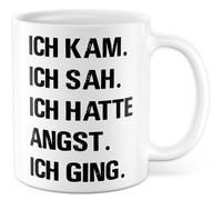 Tasse latine avec inscription en allemand « Geschenk Ich kam. Ich kam. Ich sah. Ich hatte Angst. Ich gant. » Tasse à café 330 ml en céramique - Jeu de mots César Humour Sarcasme collègue petite amie