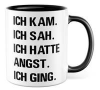 Tasse latine avec inscription en allemand « Geschenk Ich kam. Ich kam. Ich sah. Ich hatte Angst. Ich gant. » Tasse à café 330 ml en céramique - Jeu de mots César Humour Sarcasme collègue petite amie