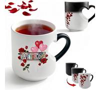 Tasse magique à changement de couleur avec poignée en forme de cœur 3D, tasse à café sensible à la chaleur révèle une plaque d'immatriculation « Love You More » pour la Saint-Valentin, un anniversaire