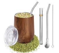 Tasse Maté, Kit Ensemble de Yerba Maté en acier inoxydable 18/8 à Double Paroi, Calebasse Maté Bombilla Comprend Deux Bombillas et Une Brosse de Nettoyage (Bois, 355 ML)