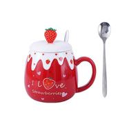 Tasse mignonne en céramique avec couvercle pour couple, maison, bureau, petit déjeuner, café, lait, fraise rouge (cuillère ordinaire) 450 ml