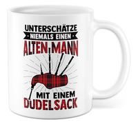 Tasse musicale avec inscription en allemand « Unterschätze niemals einen alten Mann mit einem Dudelsack » - Tasse à café 330 ml en céramique - Tasse à café musicale
