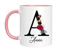 Tasse Personnalisée avec Motif de Fleurs, Première Lettre et Nom - Mug à Café Anniversaire Imprimé des Deux Côtés - Cadeau Personnalisable pour Femme