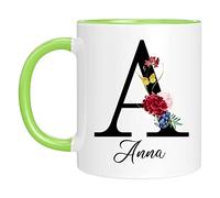 Tasse Personnalisée avec Motif de Fleurs, Première Lettre et Nom - Mug à Café Anniversaire Imprimé des Deux Côtés - Cadeau Personnalisable pour Femme