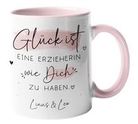 Tasse personnalisée avec nom au choix - Motif : « Le bonheur est une éducation comme toi » Cadeau d'anniversaire pour éducatrice d'enfant (tasse - Intérieur et anse rose, le bonheur est une éducatrice