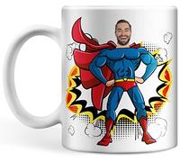 Tasse personnalisée avec photo et texte, tasse de super-héros avec visage et texte à trois lignes