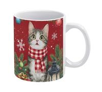 Tasse Petit Dejeuner Chat De Noël, Chat Tigré Portant Une Écharpe Rouge Colorées Mug À Café En Céramique Moderne Mugs À Café Pour Maison Lait Collègue