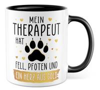 Tasse pour chien avec inscription en allemand - Cadeau Mein Therapeut hat Fell, Pattes et un cœur en or - Tasse à café 330 ml en céramique - Maman canine - Amour des animaux - Humour