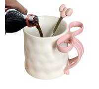 Tasse rose avec nœud - Tasse en céramique avec poignée en nœud et cuillère à café - 500 ml - Jolie tasse à café pour les réunions de vacances, les dîners de famille, la Saint-Valentin