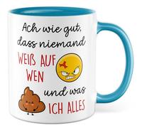 Tasse sarcasme cadeau Ach wie gut, dass niemand weiß auf wen und was ich alles, tasse à café ironie humour bureau travail équipe plaisir idée cadeau meme drôle ami petite amie tasse à café