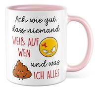 Tasse sarcasme cadeau Ach wie gut, dass niemand weiß auf wen und was ich alles, tasse à café ironie humour bureau travail équipe plaisir idée cadeau meme drôle ami petite amie tasse à café