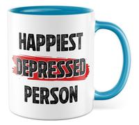 Tasse sarcasme cadeau happiest depressed person, tasse à café meme humour travail bureau collègue idée cadeau dépression blague drôle tasse à café
