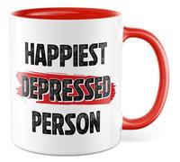 Tasse sarcasme cadeau happiest depressed person, tasse à café meme humour travail bureau collègue idée cadeau dépression blague drôle tasse à café