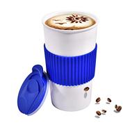 Tasse unique en céramique sans poignée avec couvercle coulissant et manchon en silicone de luxe bleu foncé, tasse à café de voyage indispensable de 37,5 ml, résistante aux éclats, bleu-blanc