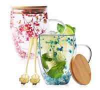 Tasse Verre Double Paroi,Lot De 2 350ML Tasses Double Paroi Avec Fleurs Séchées,Tasse Double Paroi Avec Fleurs Séchées Avec Cuillère,Couvercle,Tasse En Verre À Double Paroi Pour Latte,Cappuccino