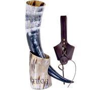 Tasse Viking en corne à boire avec support de bière, ceinture en cuir véritable, finition naturelle vintage, cadeau médiéval authentique, décoration d'intérieur vintage