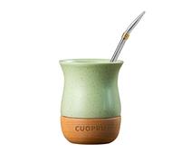 Tasse Yerba Mate en céramique de 236,8 g avec base en bois d'origine, comprend une gourde matée, une paille Bombilla et une brosse de nettoyage - Parfait pour le Yerba Mate traditionnel et le mug de