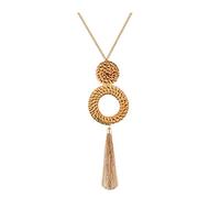 Tassel Pendant Necklace Handmade Straw Wicker Braid Statement Pendant Y-Shaped Long Chain Necklace for Women (deep)