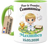Tassenliebling Cupdarling - Communion Tasse personnalisable - première communion - Cadeau Idée Créative - Souvenir Merveilleux - Article de Fête Magique - Céramique 330ml (garçon - vert)
