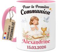 Tassenliebling Cupdarling - Première Communion Tasse personnalisable - Pour la Première Communion - Cadeau Prénom Souvenir - Tasse café thé 330ml - Fille (rose)