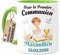 Tassenliebling Cupdarling - Première Communion Tasse personnalisable - Pour la Première Communion - Cadeau Prénom Souvenir - Tasse café thé 330ml - Garçon (vert)