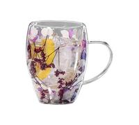 Tasses à café à double paroi - Tasse à fleurs sèches de 350 ml avec poignée, tasse anti-brûlure pour lait, chocolat, thé, jus, boissons chaudes et froides, élégante tasse en verre isotherme pour un