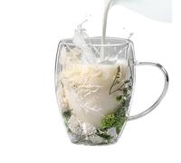 Tasses à café à double paroi - Tasse à fleurs sèches de 350 ml avec poignée, tasse anti-brûlure pour lait, chocolat, thé, jus, boissons chaudes et froides, élégante tasse en verre isotherme pour un