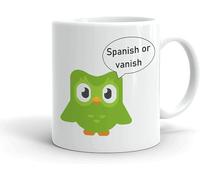 Tasses à café amusantes - 325 ml - Duolingo espagnol - Langue duo Vanish Lingo Bird ou Meme Owl, tasse pour café, thé, chocolat, latte, idée cadeau pour employés, collègues, patrons, parfait pour la