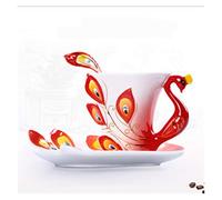 Tasses à Café Céramique Crafted Creative 3D Hand Émail Peacock Coffee Cup Set avec soucoupe et cuillère présent tasse de thé d'eau en céramique vaisselle cadeau(175ml,Red)