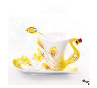 Tasses à Café Céramique Crafted Creative 3D Hand Émail Peacock Coffee Cup Set avec soucoupe et cuillère présent tasse de thé d'eau en céramique vaisselle cadeau(230ml,Yellow)